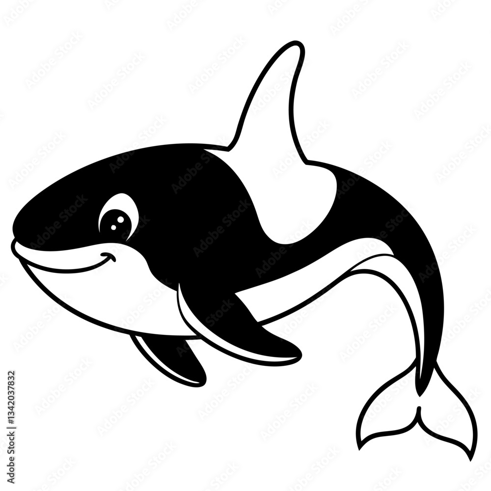 Fototapeta premium Cartoon Orca Cute Killer Whale Character, Sea Animal Outline, Marine Mammal Clipart for Kids, Black and White