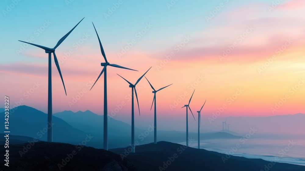 Fototapeta premium Wind turbines generate renewable energy at sunset on a coastal landscape with mountains in the background and colorful skies