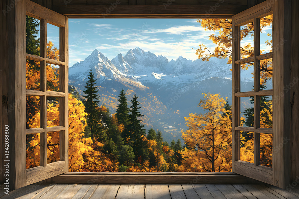 Fototapeta premium A Mountain View Through Rustic Windows