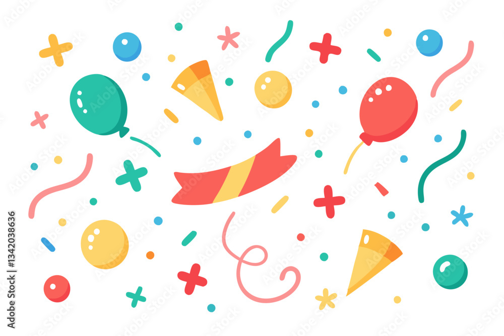 Fototapeta premium Celebration Pattern Background with Balloons, Confetti, Ribbons, Party Hats, and Stars on White Background