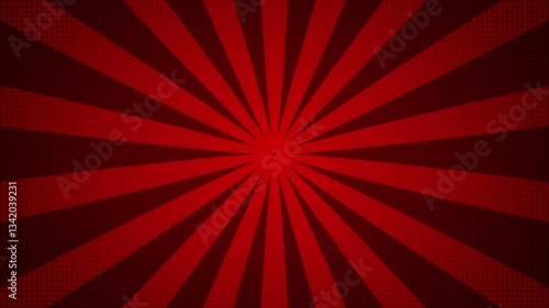 Red and dark red sunburst pattern with halftone effect radiating from the center background design