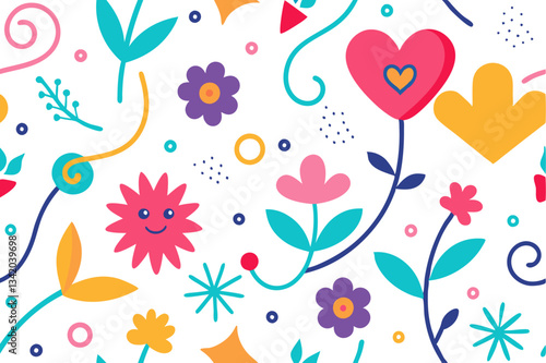Wallpaper Mural Cheerful Floral Pattern with Playful Elements, Featuring Colorful Flowers, Leaves, Spirals, Hearts, and Friendly Faces, Perfect for Backgrounds Torontodigital.ca