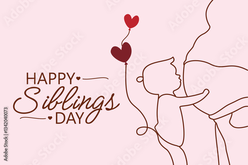national siblings day. Celebrate the special bond between siblings with this heartwarming illustration. Depicts a child and sibling with heart balloons, symbolizing their love.