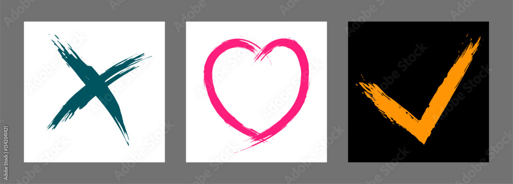 The cross, heart and OK symbol are hand-drawn with a brush. Prohibition, denial, error. Love. Approval, consent. Vector, set of 3 characters The cross, heart and OK symbol are hand-drawn with a brush. Prohibition, denial, error. Love. Approval, consent. Vector, set of 3 characters