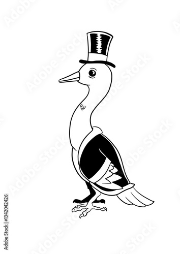 Pájaro grande y blanco vestido con frac y chistera. Ilustración vectorial