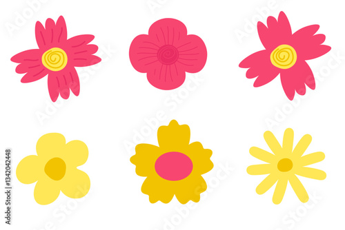 Set of flowers in flat style. Yellow and pink spring elements