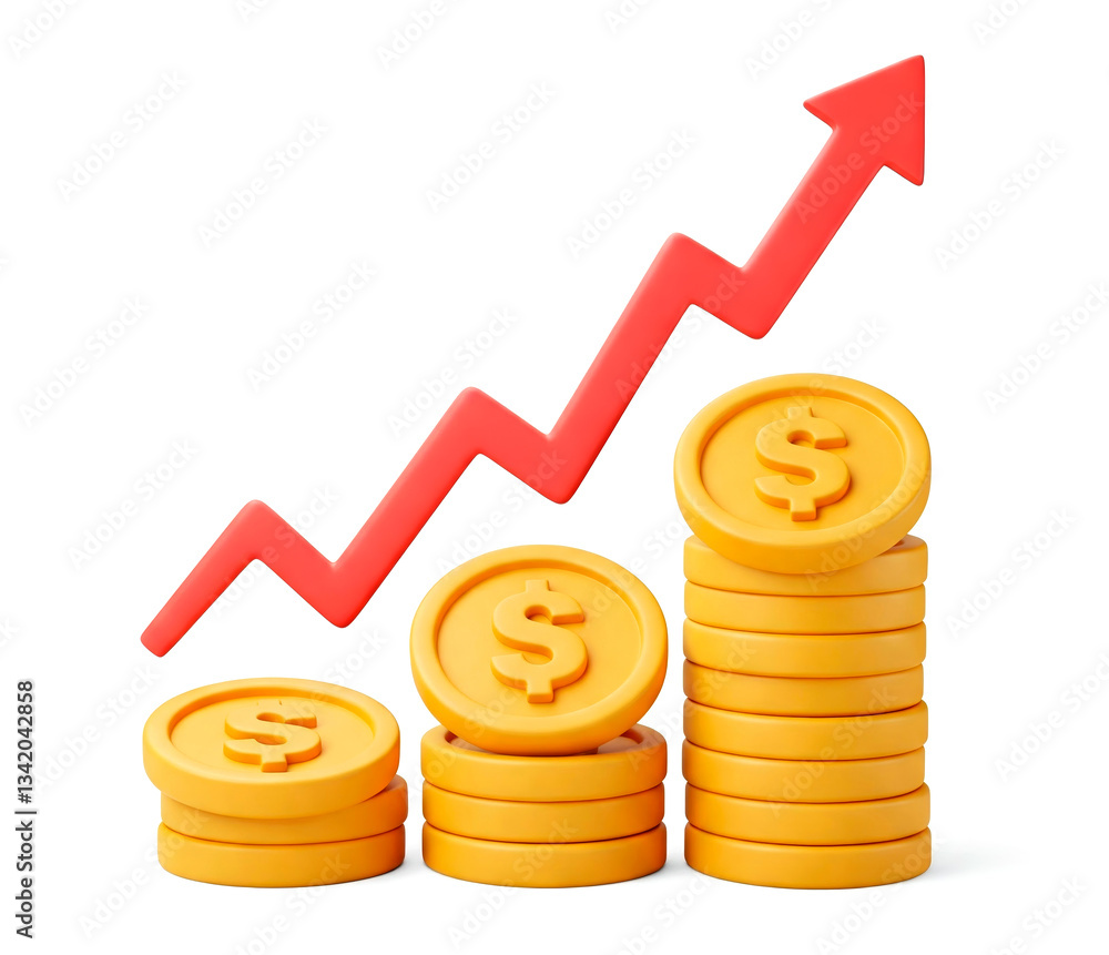 Stacks of dollar coins and rising red arrow showing increasing profits isolated on white background. Cartoonish 3D render style Stacks of dollar coins and rising red arrow showing increasing profits isolated on white background. Cartoonish 3D render style