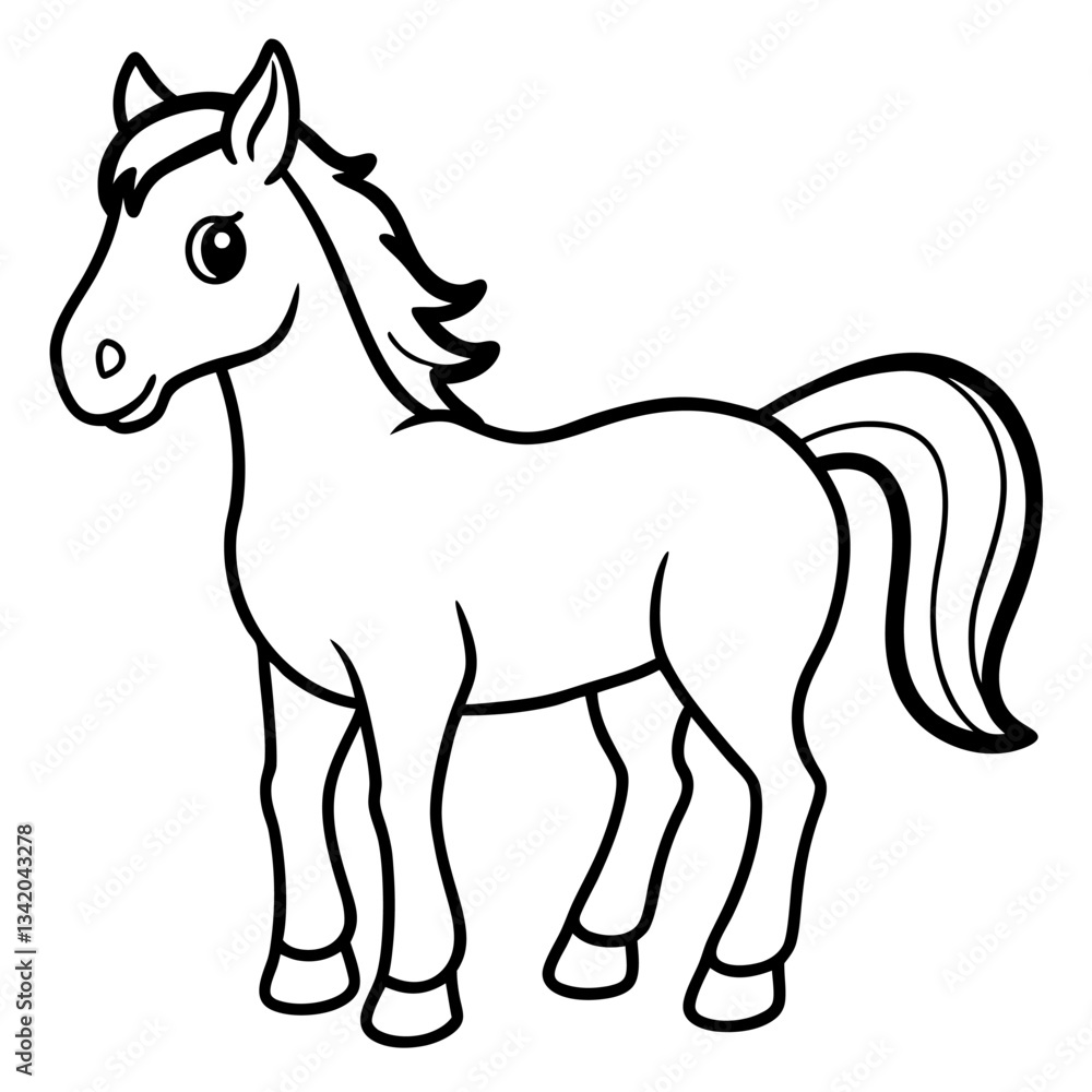 Cute Horse Cartoon Simple Black and White Outline Drawing for Coloring Books and Children's Education Cute Horse Cartoon Simple Black and White Outline Drawing for Coloring Books and Children's Education