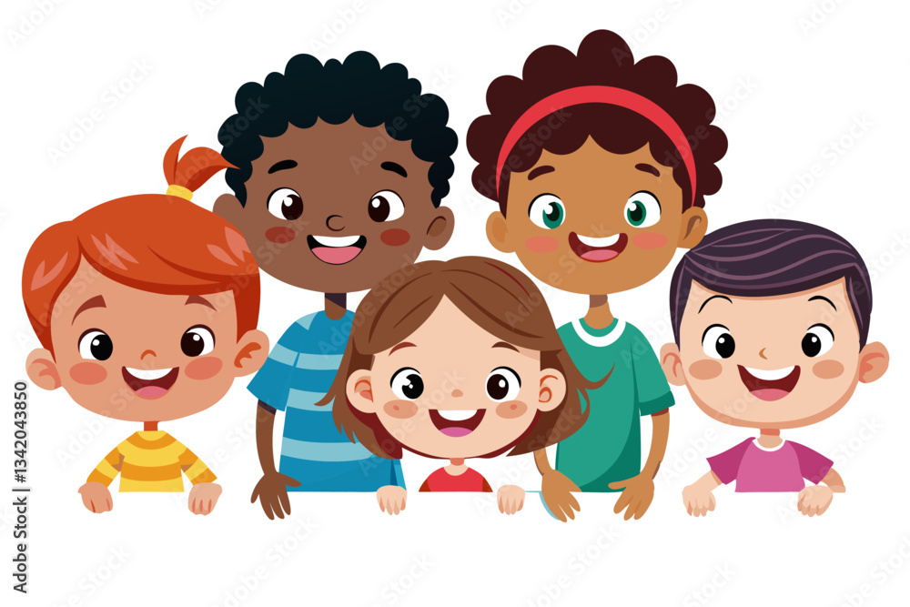 Diverse Group of Cheerful Children Holding a White Banner, Kids of Different Ethnicities Together, Unity and Happiness