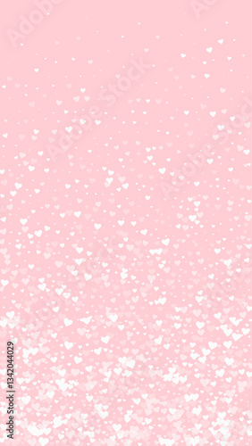 Valentine hearts, flying, falling down, floating. White hearts scattered on pink background. Lovable valentine hearts vector illustration.