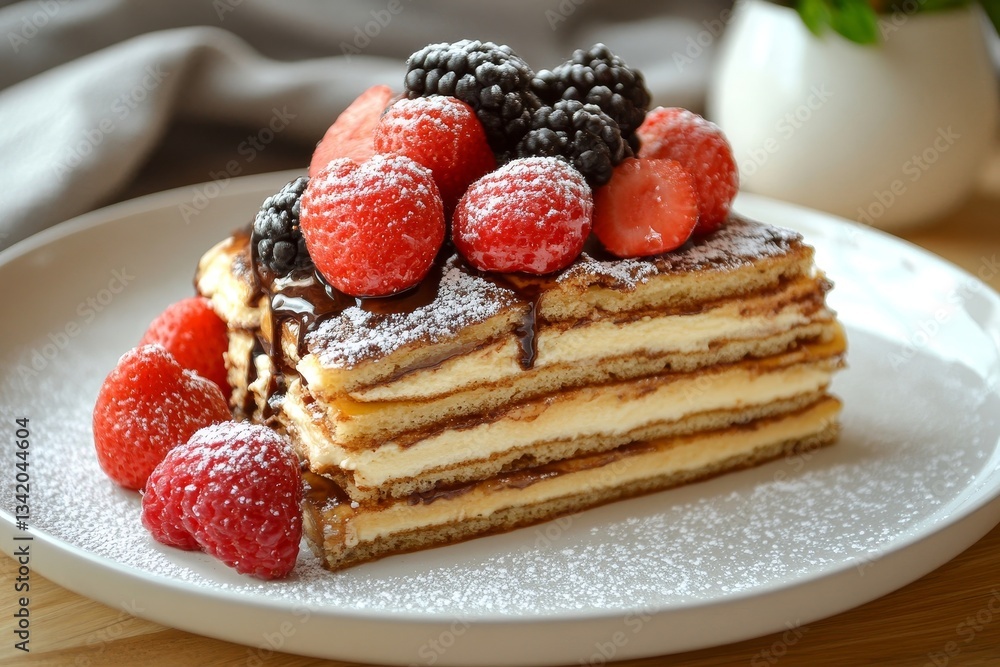 a delicious layered dessert topped with fresh berries and a chocolate drizzle, served on a white plate, ready to eat! a delicious layered dessert topped with fresh berries and a chocolate drizzle, served on a white plate, ready to eat!