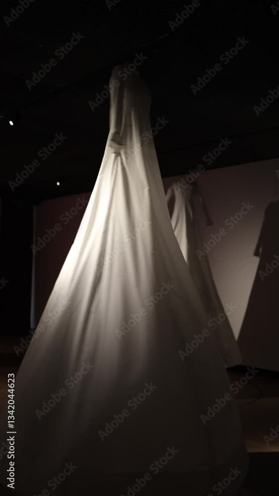 Vertical screen: A white dress elegantly displayed in a boutique, its flowing fabric catching the soft light. The minimalist setting enhances its timeless beauty and refined craftsmanship. Vertical screen: A white dress elegantly displayed in a boutique, its flowing fabric catching the soft light. The minimalist setting enhances its timeless beauty and refined craftsmanship.
