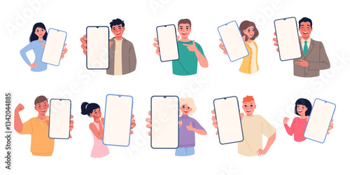 People showing mobile phones. Smiling characters holding smartphones, large big screens of devices, digital communication, empty screen cartoon flat style isolated vector classy set