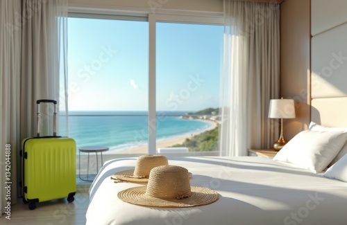 Fototapeta Naklejka Na Ścianę i Meble -  Luxury hotel room sea view. Two straw hats lay on bed, yellow suitcase stands. Relaxing vacation at villa, blue ocean, turquoise lagoon, sandy beach from window, idyllic tropical vacation.