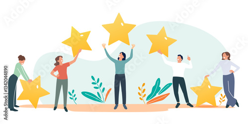 People rate. Consumers feedback, five rating stars, product satisfaction, service review, clients evaluating, tiny persons with stars, cartoon flat style isolated decent vector set