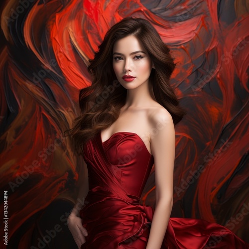 Elegant woman in red dress exudes confidence against a vibrant abstract background