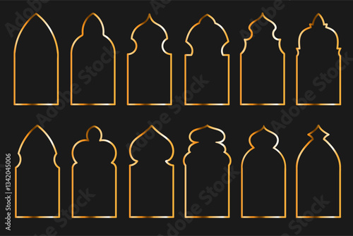 Oriental golden windows. Traditional islamic frames, ramadan kareem, arabic design borders, muslim arches and doors, arabesque gold silhouette, empty space splendid vector isolated set