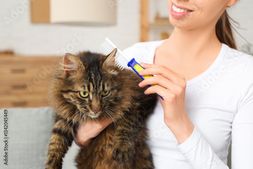 Young woman brushing fluffy...