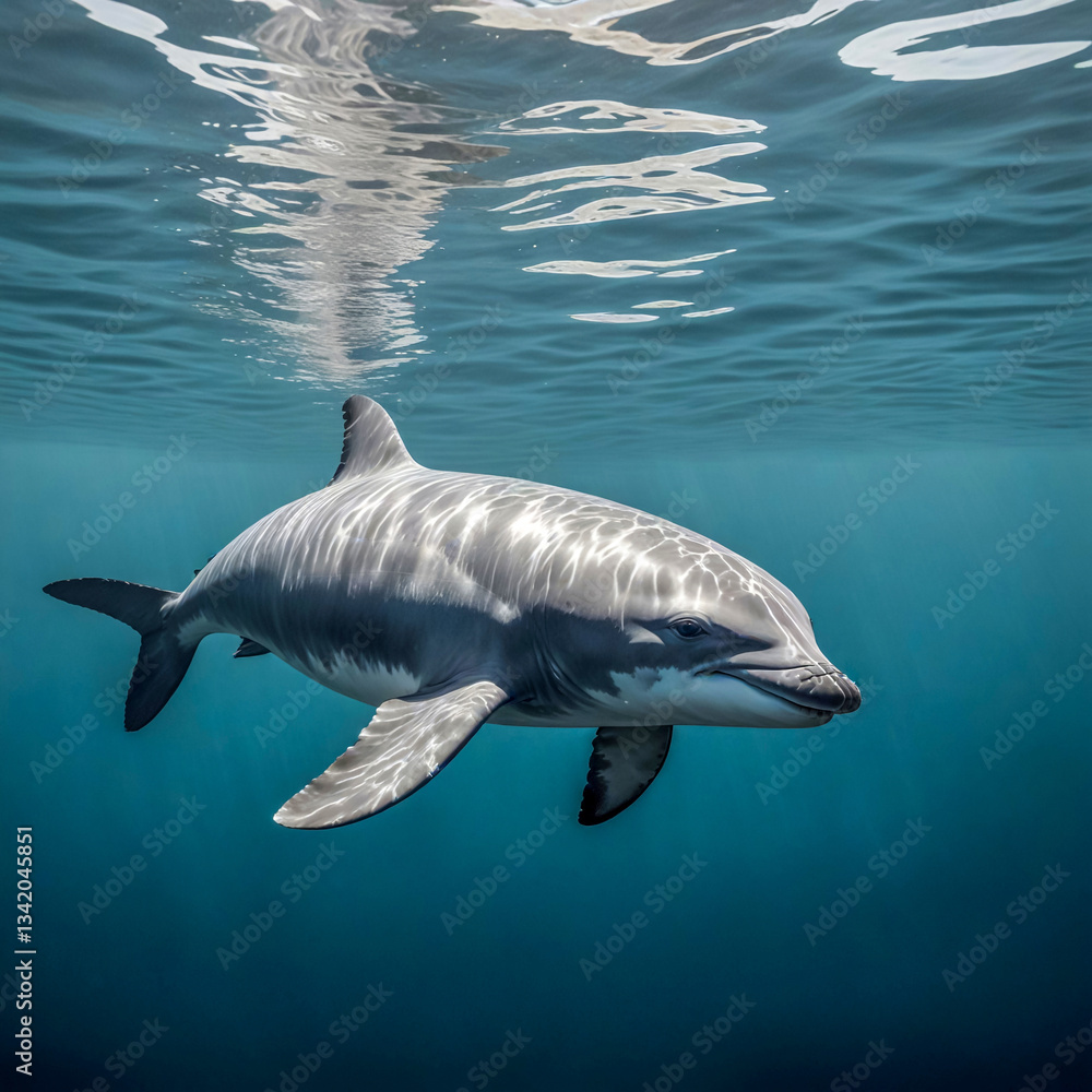 Naklejka premium watercolor scene of a vaquita gently swimming through the crystal-clear waters of the Gulf of California.