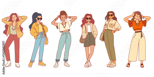 Female characters dressed in casual modern clothes. Beautiful women fashion summer outfits, young persons spring autumn trendy wearing, cartoon flat style isolated decent vector set