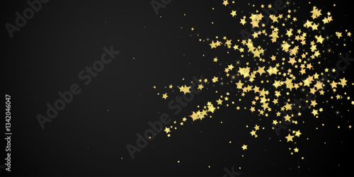 Magic stars vector overlay. Gold stars scattered around randomly, falling down, floating. Chaotic dreamy childish overlay template. Vector magic overlay on black background.