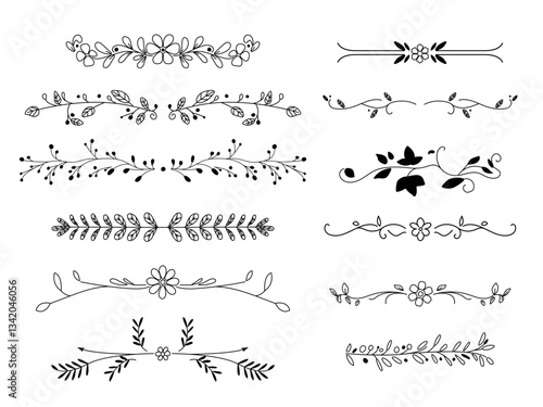 Decorative vintage dividers. Floral retro ornaments, old books classic design element, linear curved borders, calligraphy outline objects, hand drawn line isolated graphic decent vector set