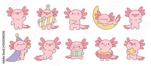 Cute axolotl character. Funny newt, pink kawaii aquatic amphibian, cartoon salamander, kids mascot, different actions, funny reptile, tropical pet, stickers collection, garish vector set