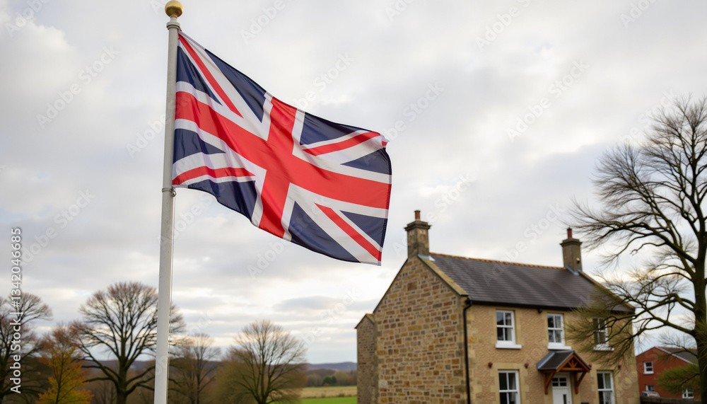 Fototapeta premium British flag waving outside traditional stone building, national pride