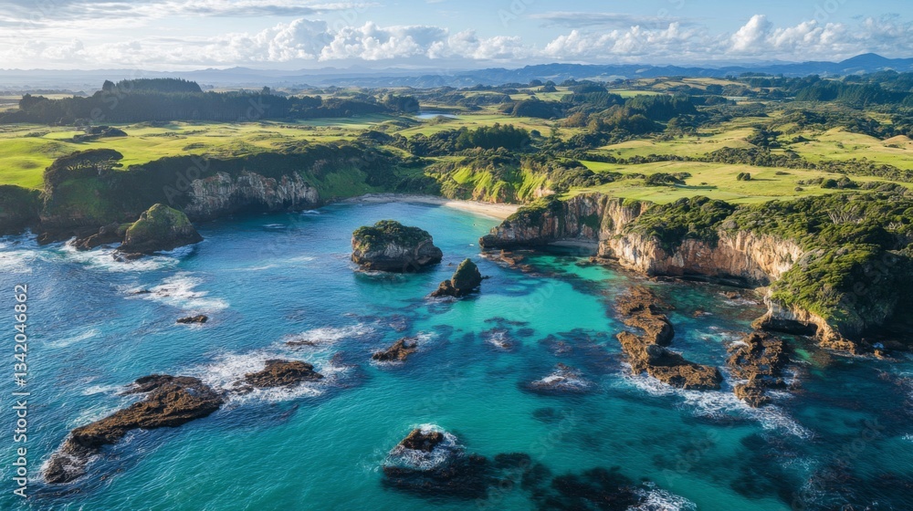 Obraz premium Aerial View of Turquoise Ocean Coastline with Rocks