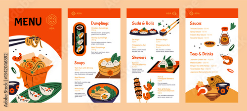 Asian food menu template. Restaurant cuisine list of dishes design, chinese, korean, japanese traditional food, seafood and noodles cartoon flat style isolated garish vector concept