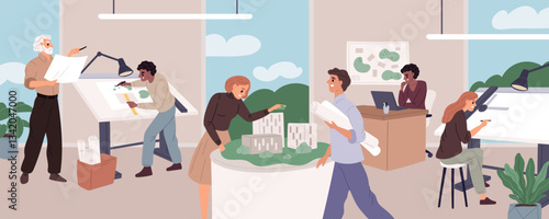 Architect office. Professionals work, workplaces with drawings, designs and layouts, buildings and houses designers, men and women cartoon flat style isolated garish vector concept