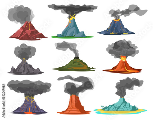 Active volcanoes. Eruptions lava, fire, smoke, mountain rock crater exploding, red hot liquid ejection, earth bowels, landscape element cartoon flat style isolated qualitative vector set