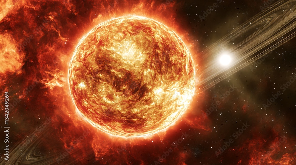 Fototapeta premium A bright fiery sun surrounded by space elements and bright stars
