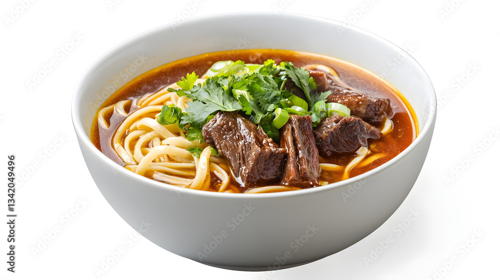 Single Serving of Taiwanese Beef Noodle Soup with Tender Meat and Fresh Herbs in White Bowl Single Serving of Taiwanese Beef Noodle Soup with Tender Meat and Fresh Herbs in White Bowl