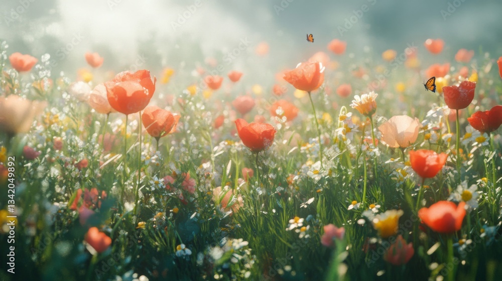 Obraz premium Vibrant Poppy Field with Butterflies in Soft Sunlight