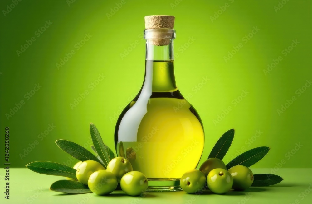 Banner. Glass bottle of olive oil on a green background with fresh olives. Banner. Glass bottle of olive oil on a green background with fresh olives.