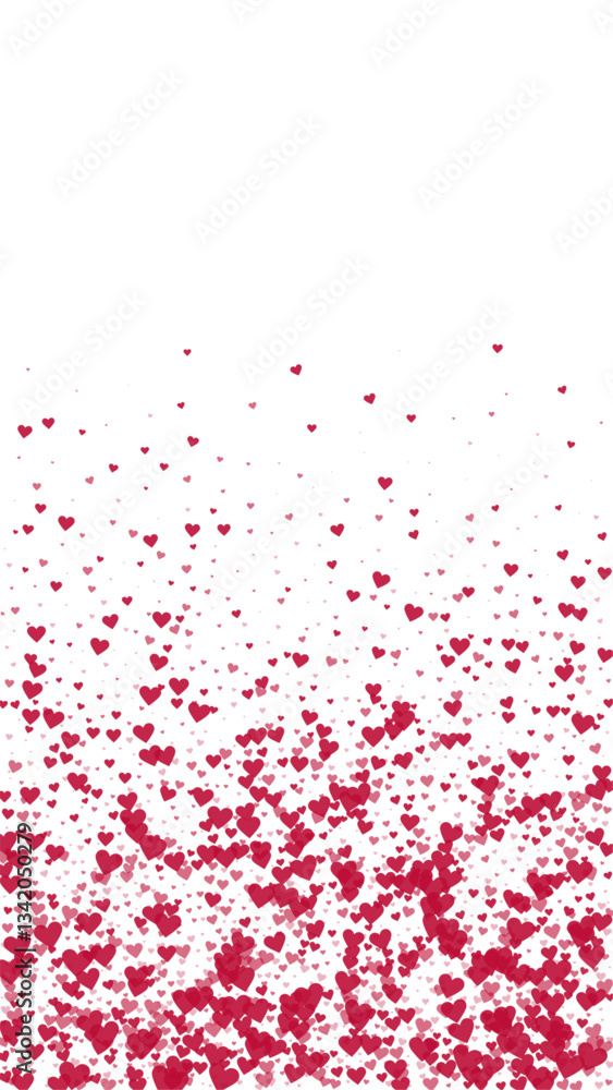Naklejka premium Heart confetti valentine overlay. Red hearts scattered on white background. Joyfull heart confetti vector illustration