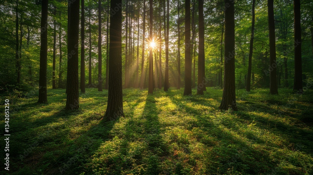 Obraz premium Sunlit Forest Scene with Golden Beams and Lush Greenery