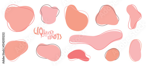 Collection of 11 Pink Abstract Background Spots, irregular liquid blob shapes set for brand style design, trendy graphic elements for smooth wavy backdrops.