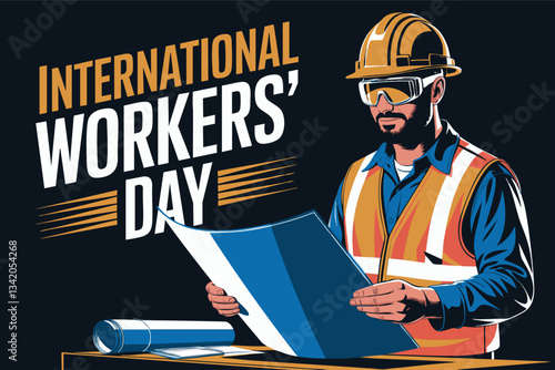 A stylized illustration of a worker in safety gear, meticulously reviewing blueprints