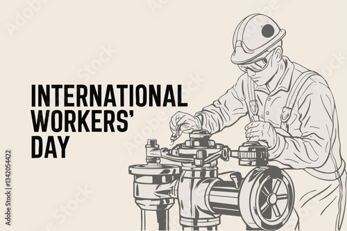 A vintage-style illustration depicts a focused worker in workwear and hard hat meticulously maintaining a complex valve