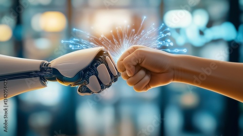 A humanoid robot AI agent hologram sharing knowledge with a human during the singularity symbolizing agentic autonomy and AGI technology in the future using superintelligence