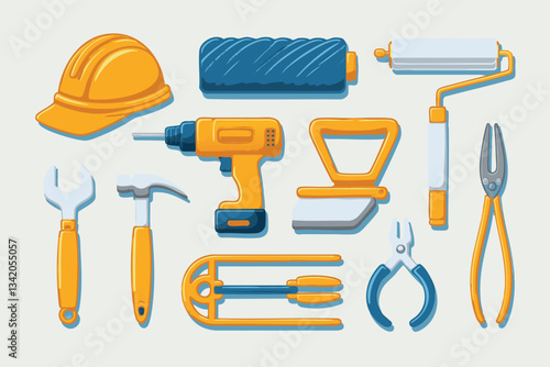 A collection of common construction tools, including a hard hat, paint roller, drill, wrench, hammer, putty knife, pliers, and utility knife