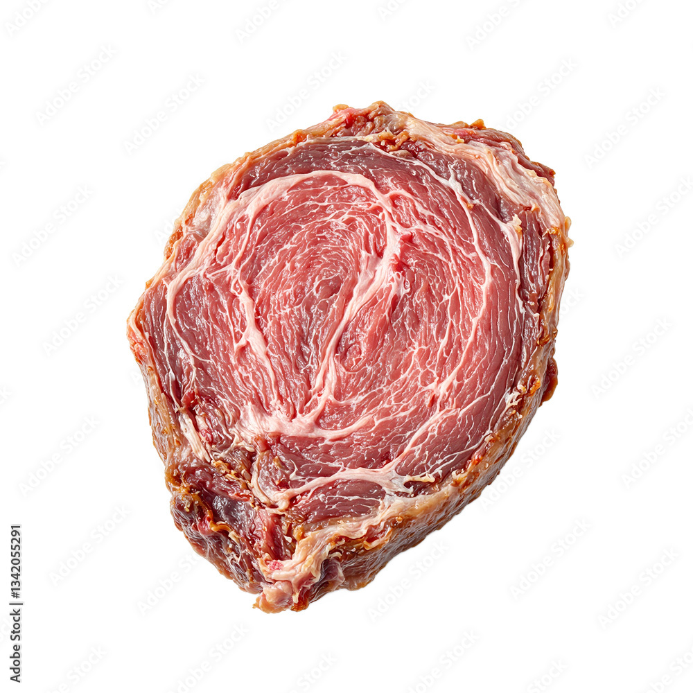 Fototapeta premium Tender pink roast beef slice with a browned crust isolated on white Perfect for culinary concepts and food lovers