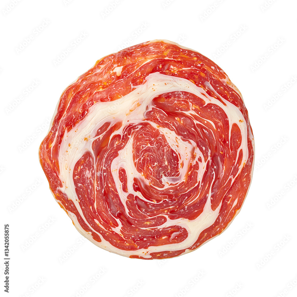 Obraz premium Sliced prosciutto with white fat marbling thin and translucent showcasing its deep red color Perfect for culinary and food concepts