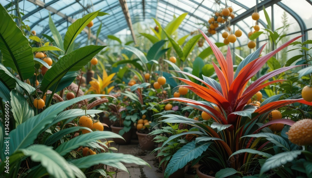 Fototapeta premium Exploring Lush Greenhouse with Tropical Plants and Hanging Orange Fruits