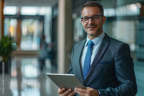 A businessman in a suit holding an iPad, standing inside the office hallway of his company, looking at it with a focused expression and smiling. The background is blurred to focus on him.