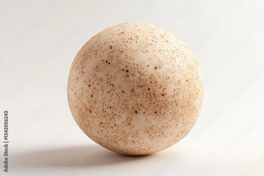 A speckled, off-white egg rests on a plain white background. A speckled, off-white egg rests on a plain white background.