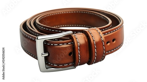 A leather belt with a polished buckle, isolated on white background