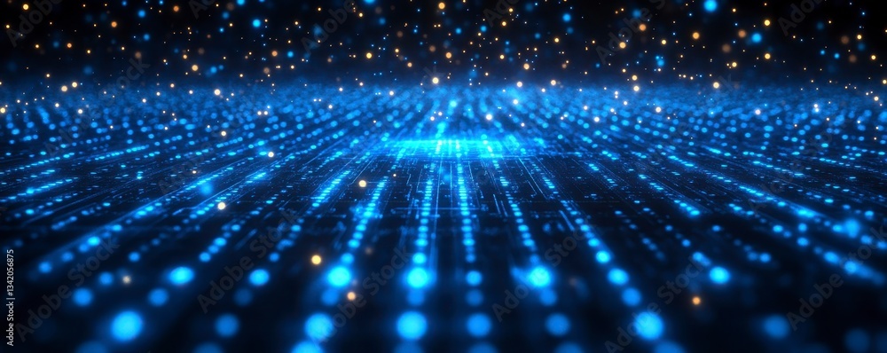 Obraz premium A vibrant digital landscape featuring blue beams of light and particles, creating a futuristic, sci-fi atmosphere.